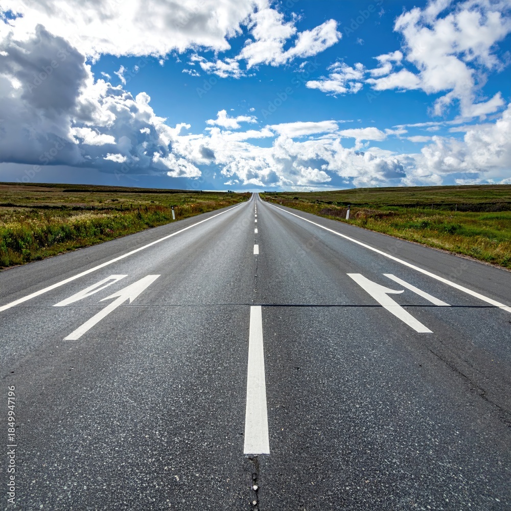 Fototapeta premium Straight highway stretches into a vast, partly cloudy sky