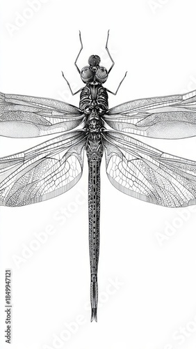 Detailed Dragonfly Illustration on White Background

