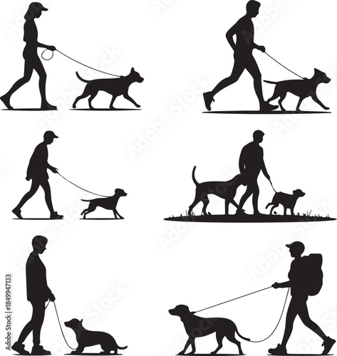 Dog Walking Silhouette Icon Set