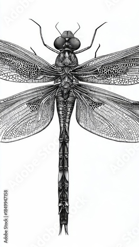 Detailed Dragonfly Illustration on White Background


