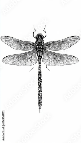 Detailed Dragonfly Illustration on White Background

