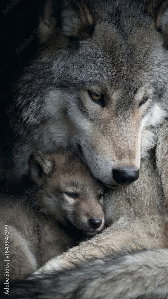 Fototapeta premium Mother Wolf Protecting Pup Tenderly