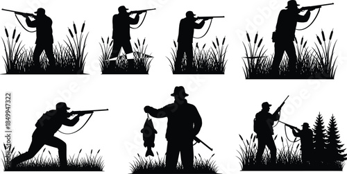 Set of Hunter Silhouettes in Various Poses, Including Shooting, Fishing, and Carrying a Gun, Representing Hunting Sports, Outdoors, and Wildlife Recreation
