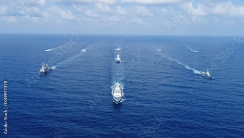 Israeli Navy fleet Missile Boats Aerial view

Drone view of Israeli Navy Sa ar class missile boats sailing in coordinated formation in open sea, Israel, November 2025.
