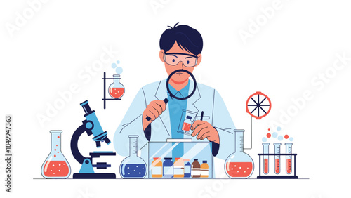 Scientist meticulously examines a sample with a magnifying glass in a well-equipped laboratory setting, conducting important research.