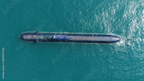 Israeli Navy Dolphin Class Submarine Aerial top down view

Drone view of an Israeli Navy Dolphin class submarine sailing on the sea surface, Israel, November 2025.
