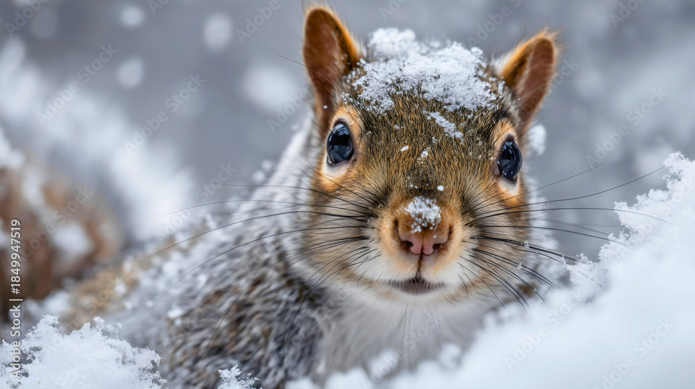 Fototapeta premium Portrait of a cute squirrel looking at camera in winter snow, a funny wild animal face with snowflakes on nose, cold nature concept.