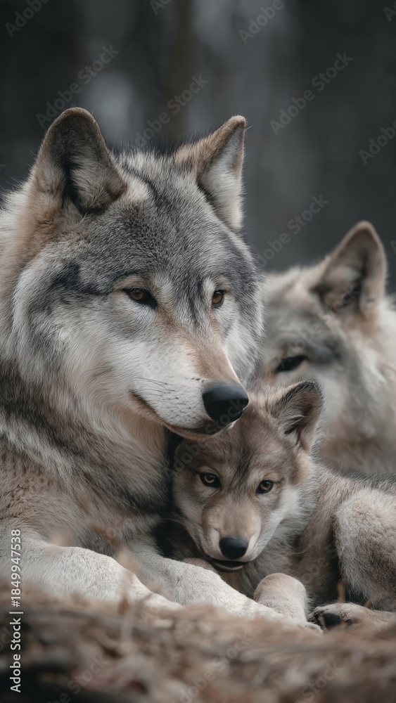 Fototapeta premium Wolf Family Cuddling Protectively in Forest