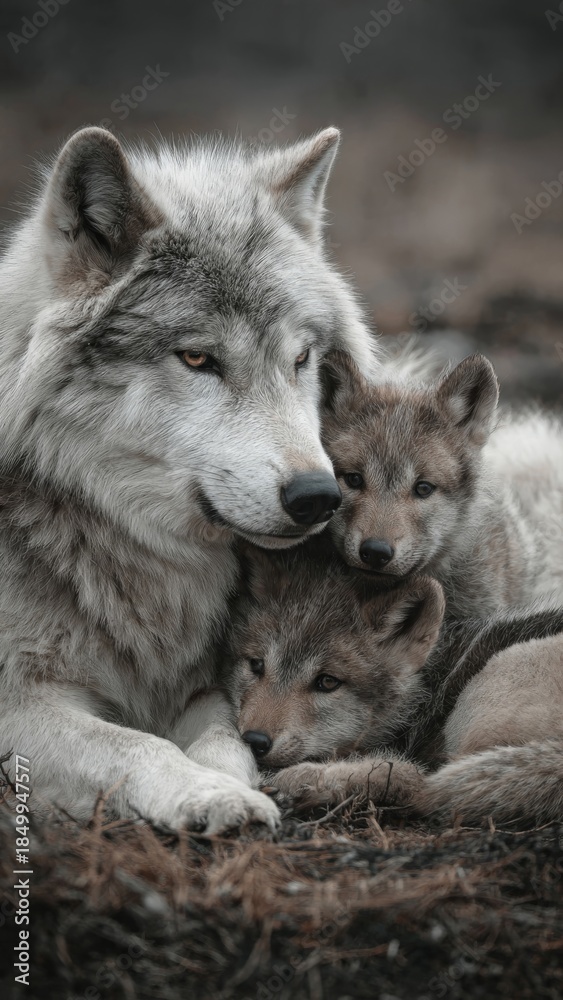 Fototapeta premium Wolf Family Cuddling Protectively in Forest