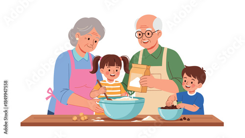 Grandparents and grandchildren happily bake together in the kitchen, creating sweet memories and enjoying quality family time.