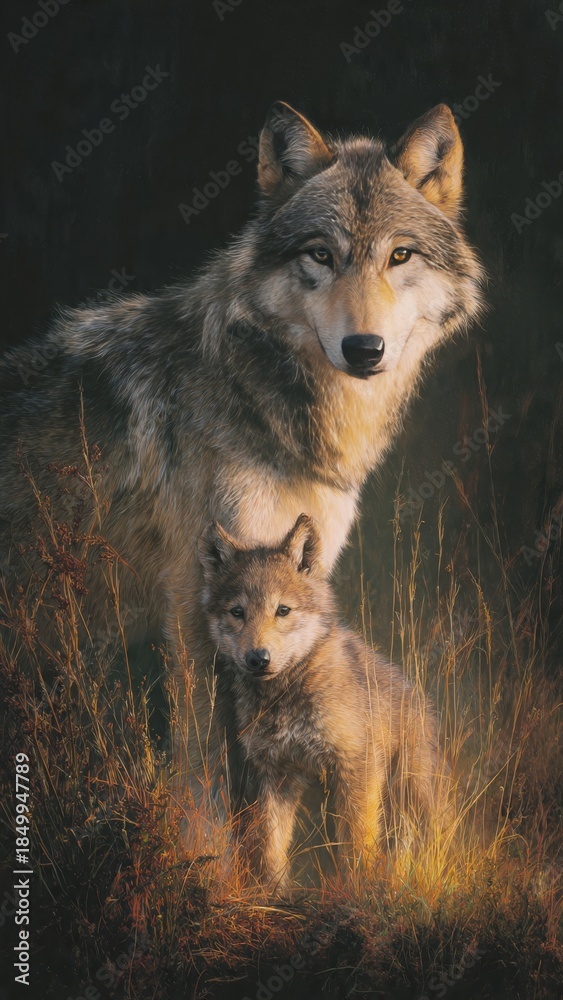 Fototapeta premium Wolves Embracing Tenderly at Sunset