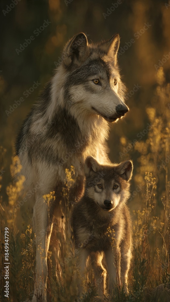 Obraz premium Wolves Embracing Tenderly at Sunset