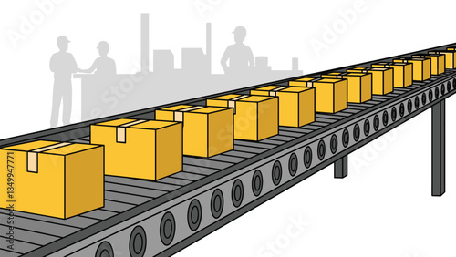 Automated conveyor belt system transports yellow packages in a modern factory setting, showcasing efficient logistics and industrial production.