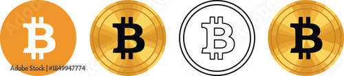 Collection of four distinct Bitcoin cryptocurrency icons featuring gold 3D styles flat orange circles and black line art.