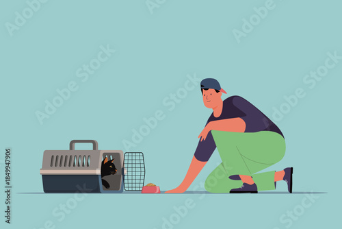 Minimalist Vector Illustration of Man Feeding Cat in Carrier.