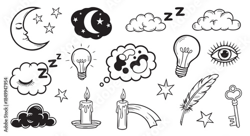 Hand drawn vector illustration of sleeping time theme design elements