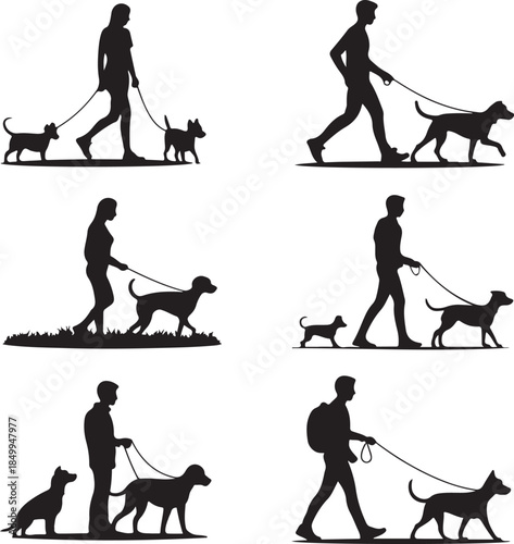 Dog Walking Silhouette Icon Set