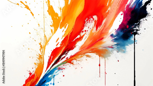 Dynamic Abstract Paint Splash Background. Explosive Yellow, Orange & Azure Blue Liquid Burst with Black Ink Drips. Modern Minimalist Watercolor Texture for Creative Graphic Design.