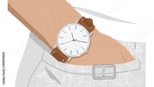 Stylish wristwatch with a brown leather strap is displayed on a man's wrist over gray pants, representing time and fashion.
