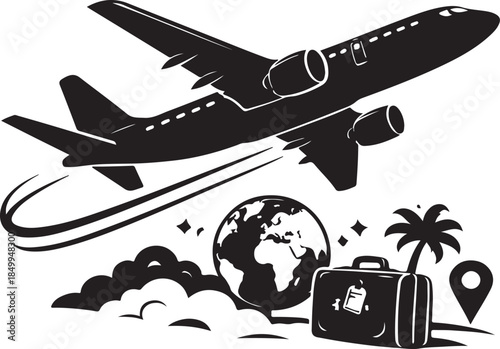 A silhouette of airplane taking off, travel silhouette, black on white