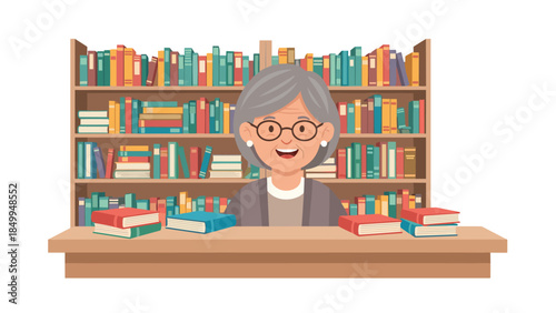 Smiling librarian with gray hair sits at a wooden desk surrounded by colorful books in a library setting.