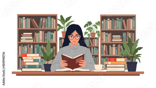 Young woman engrossed in reading a book at a wooden desk surrounded by bookshelves and lush green plants, creating a cozy study atmosphere.