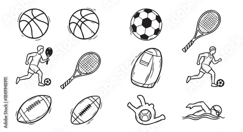 Sporting Equipment and Activities in Hand Drawn Style Illustration Template