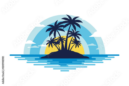 Tropical Island Paradise with Palm Trees and Ocean Waves Under a Colorful Sunset Sky