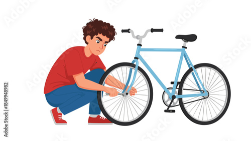 Frustrated young man attempts to fix a flat tire on a light blue bicycle, looking concerned and focused on the wheel.