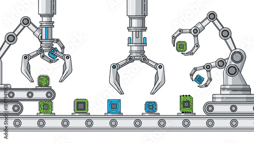 Automated robotic arms precisely manipulate microchips on a conveyor belt in a modern manufacturing facility.