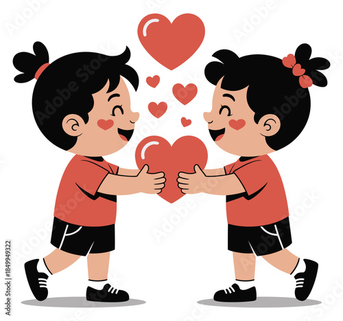 Two cartoon children sharing love hearts, friendship and affection concept illustration
