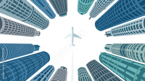 Airplane soars upwards between towering skyscrapers in a modern city, creating a dynamic perspective of urban flight and architectural scale.