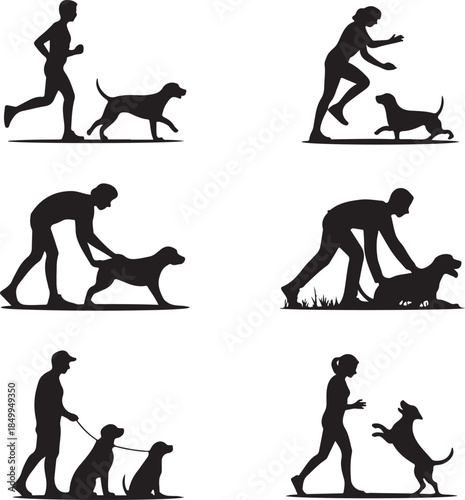 Dog Walking Silhouette Icon Set