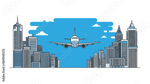 Commercial airplane flies directly towards the viewer over a modern cityscape with tall buildings and a bright blue sky.