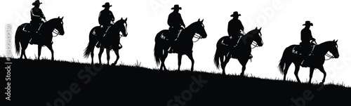Group of Horse Riders Silhouettes on a Hill, Representing Cowboy Culture, Equestrian Adventure, Western Lifestyle, Travel, and Outdoor Exploration