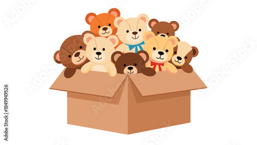 A charming collection of teddy bears overflows from a cardboard box, evoking feelings of childhood nostalgia and playful comfort.
