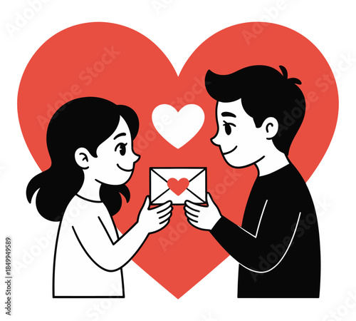 Young couple exchanging love letters heart symbol Valentine's Day romantic gesture illustration