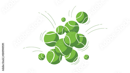 A vibrant cluster of green tennis balls bursts with energy and motion, creating a dynamic and sporty visual.