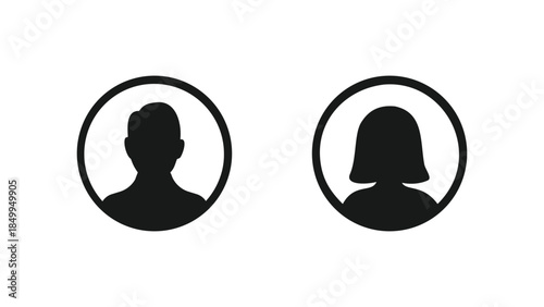 Male and female user profile icons in circles, silhouette style
