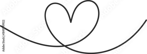 single black hand drawn heart swirl and loop calligraphic line element isolated on white background