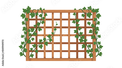 Wooden garden trellis adorned with lush green ivy creates a natural and inviting outdoor space for climbing plants and decorative purposes.