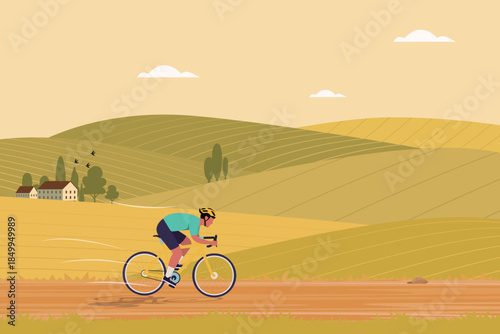 A cyclist in a teal top and blue shorts with a yellow helmet riding a yellow bicycle along a dirt path through golden-green hills under white clouds and birds, in a warm-toned dynamic countryside scen