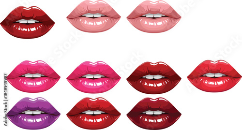 Collection of Brightly Colored Female Lips with Glossy Lipstick in Various Shades, Representing Beauty, Cosmetics, Makeup, Fashion, and Sensuality