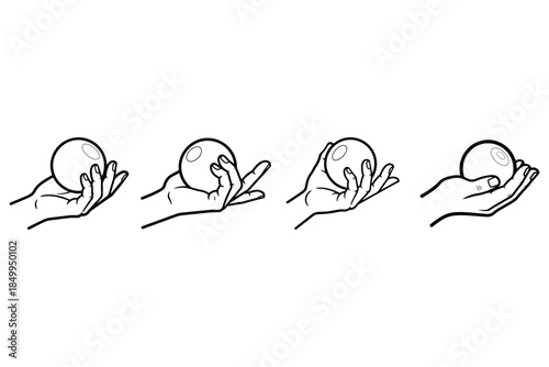 Illustrative representation of human hands gently holding a spherical object in various positions, demonstrating diverse grips and the concept of interaction