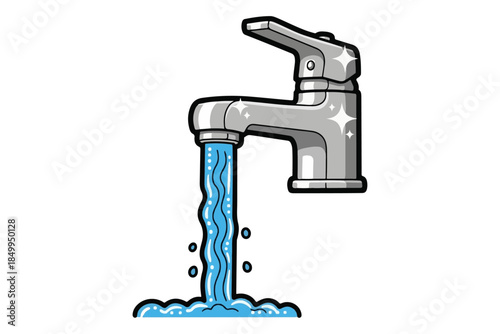 A faucet in operation, with clear water flowing from the spout into a pool