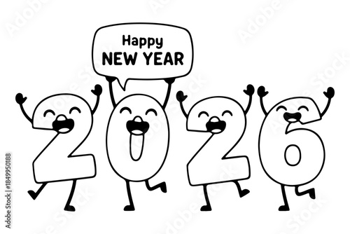 Cheerful cartoon numbers representing the year 2026 celebrate a happy New Year with joyful expressions and a festive greeting in a fun doodle style illustration