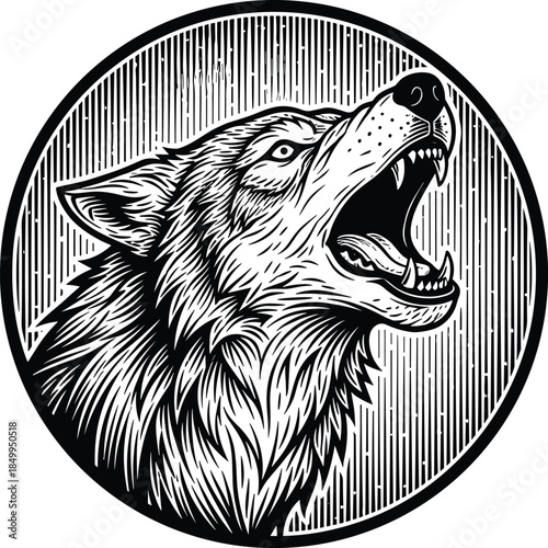 Vintage woodcut style black and white engraving of a wild wolf howling with open mouth and sharp teeth in a circular frame.