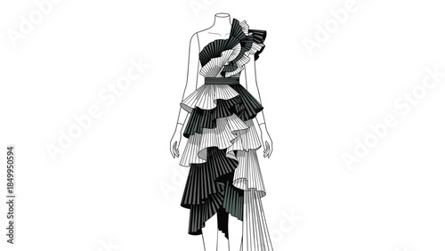 Elegant black and white layered gown design showcases a striking off shoulder silhouette and cascading ruffles for a modern fashion statement.