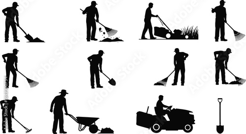 Set of Gardener Silhouettes Engaged in Yard Work, Including Raking, Shoveling, and Mowing, Symbolizing Labor, Horticulture, and Outdoor Maintenance