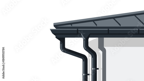 Detailed illustration of a modern roof gutter system efficiently directing rainwater down a vertical downspout.